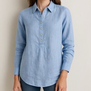 ST. TROPEZ West Light Blue 100% Linen Button Front Top Size XL